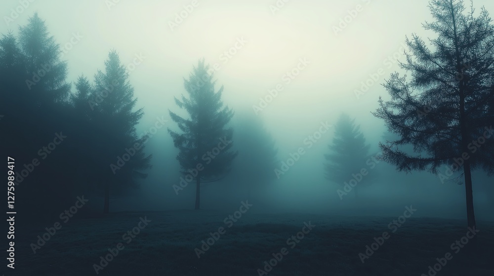 Poster a foggy forest with silhouettes of trees fading into the mist.