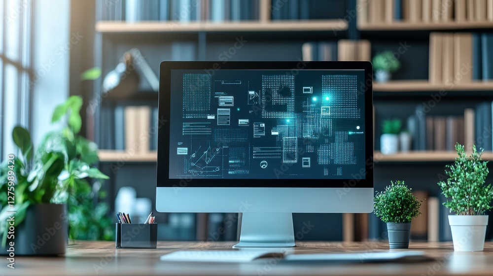 Poster a modern workspace featuring a sleek computer displaying digital data against a backdrop of books an