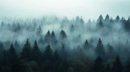 A foggy forest with silhouettes of trees fading into the mist.