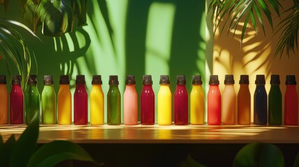 Colorful assortment of beverage bottles arranged on a shelf surrounded by vibrant foliage