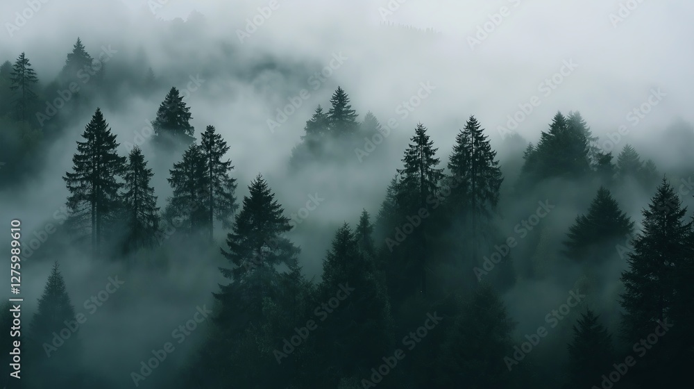 Poster a foggy forest with silhouettes of trees fading into the mist.