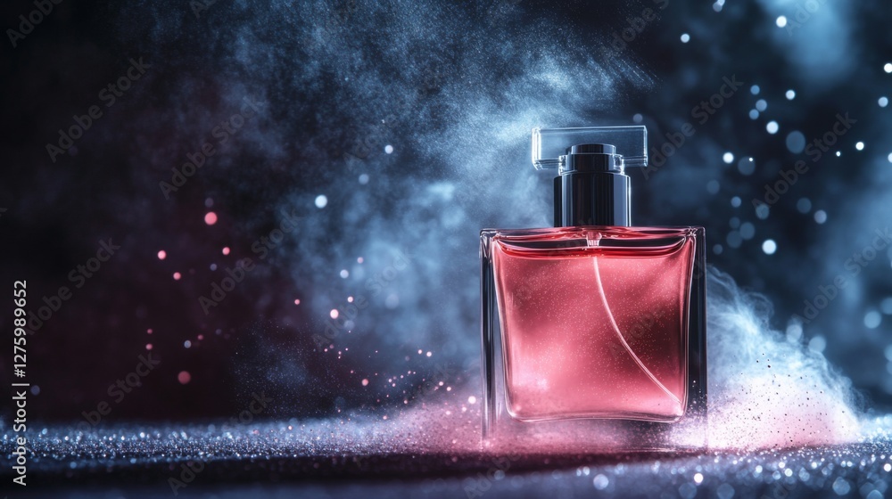 Poster A captivating scene of perfume mist gracefully diffusing in the air, with shimmering droplets catching the light, embodying the allure of fragrance