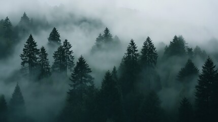 A foggy forest with silhouettes of trees fading into the mist.