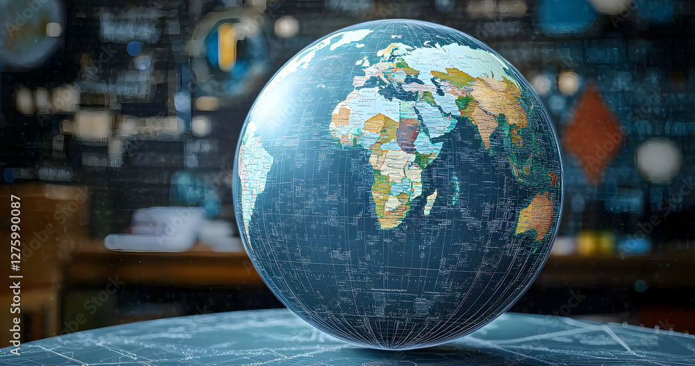 Poster image of data processing and world map over globe