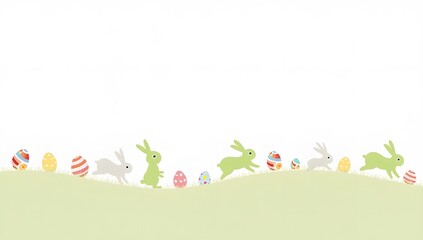 silhouettes of bunnies hopping along the edge, with colorful Easter eggs