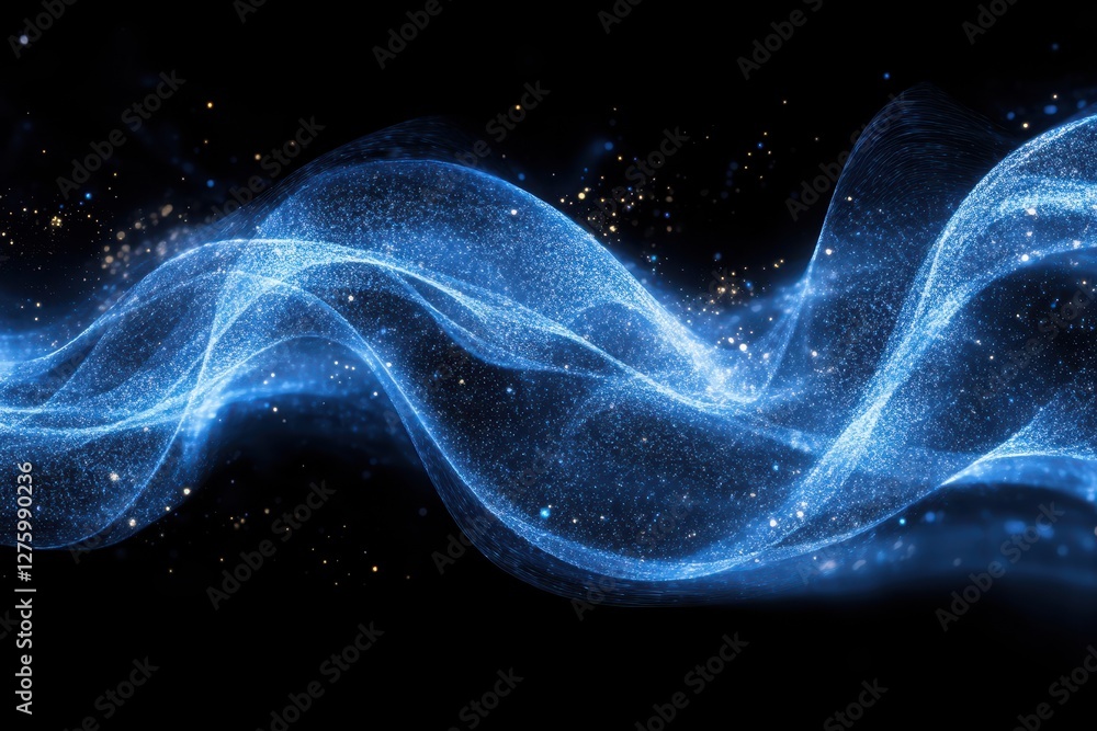 Wall mural abstract blue wave of light particles on black background with sparkling stars and dynamic motion