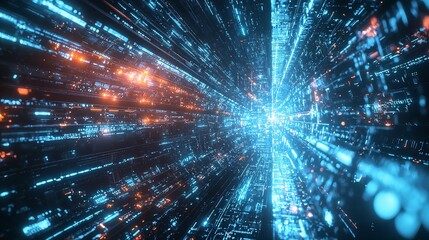 Obraz premium Advanced Data Transmission and Digital Landscape with Bright Blue and Orange Light Streams Creating a Sense of Depth and Motion in a Futuristic Cyberspace Environment