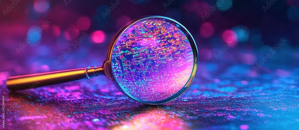 Wall mural magnifying glass on digital code background with vibrant neon colors and bokeh effect