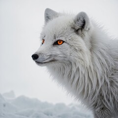 Naklejka premium An Arctic fox with dragon-like features, including small horns and glowing eyes, white backdrop.