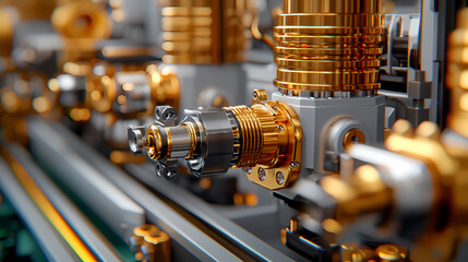 A close-up view of intricate mechanical components featuring metallic finishes, showcasing precision engineering and advanced technology.
