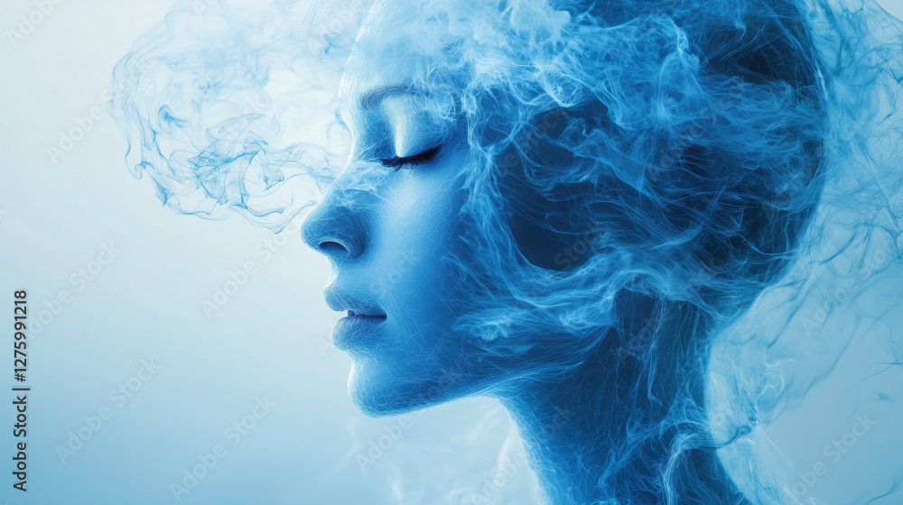 Aufkleber serene face emerges from swirling blue smoke, symbolizing balance between transparency and opacity i