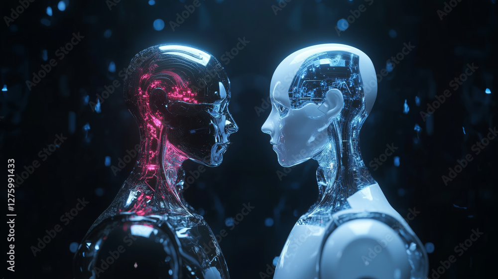 Poster two futuristic humanoid robots face each other, one with dark metallic surface and other with light 