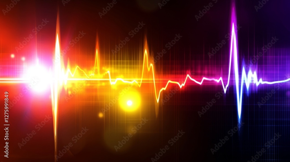 Poster a colorful heartbeat graph flowing smoothly across a digital display, representing the life force an