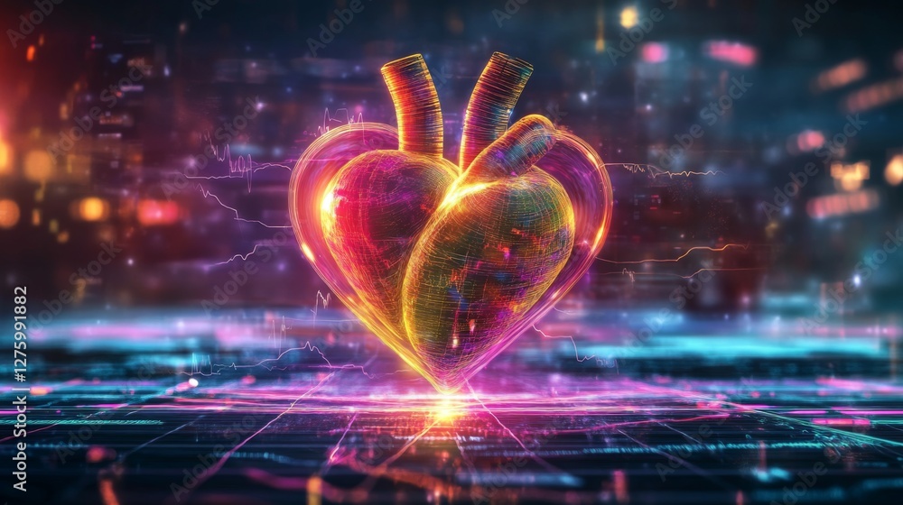 Poster a colorful heartbeat graph flowing smoothly across a digital display, representing the life force an