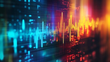 A colorful heartbeat graph flowing smoothly across a digital display, representing the life force and energy of a beating heart in a captivating design