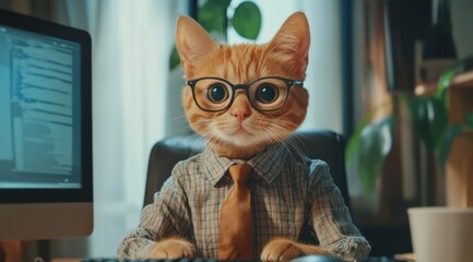 Office cat wearing glasses and tie home office digital art cozy environment close-up humor