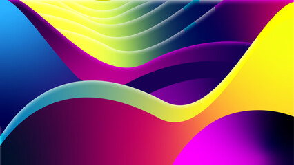A vibrant and abstract vector design featuring fluid, wavy shapes with a bold color gradient transitioning through blue, yellow, pink, and purple. The composition creates a sense of depth and movement