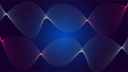 Vector curvy abstract line art wavy flowing dynamic pink yellow peach dark blue background in concept music or sound, wave, wind, information flow, noice