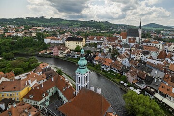 View of Cesky Krumlov, Czech Republic, showcasing historic architecture, winding river