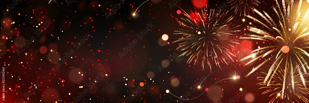 Aufkleber red and gold fireworks display in night sky with bokeh lights and copy space. festive background for