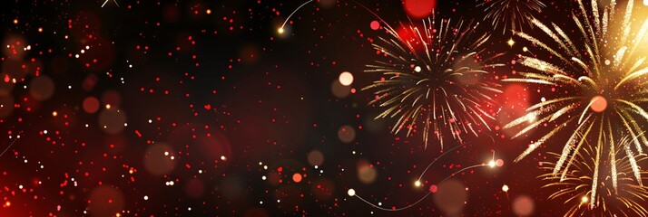 Fototapeta premium Red and gold fireworks display in night sky with bokeh lights and copy space. Festive background for New Year celebration, Independence Day, Christmas, Diwali and Chinese New Year