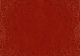 Hand-drawn unique abstract ornament. Light red on a bright red background, with vignette of same pattern in golden glitter. Paper texture. Digital artwork, A4. (pattern: p13-2a)