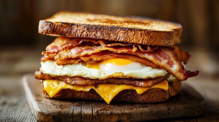 A creative composition of a breakfast sandwich layered with eggs, cheese, and crispy bacon, set against a rustic wooden background for a homey feel