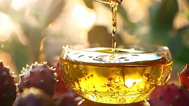 A rich, golden-hued prickly pear oil being poured into a glass bowl, surrounded by fresh prickly pear fruits. The warm sunlight enhances the oil&rsquo;s luxurious texture, highlighting its natural hydration