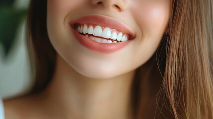 Obraz premium Joyful smile of a young woman indoor setting portrait photography bright environment close-up view dental health concept