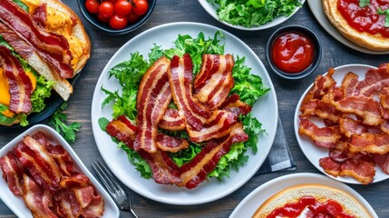 A creative flat lay of various bacon dishes, including bacon sandwiches, salads with bacon bits, and a side of crispy bacon strips, showcasing versatility
