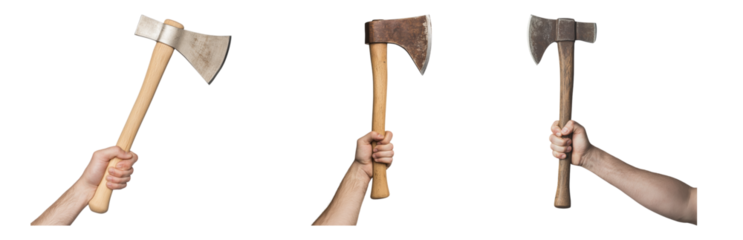 Hand Holding Axes in Various Conditions and Styles Isolated on transparent background