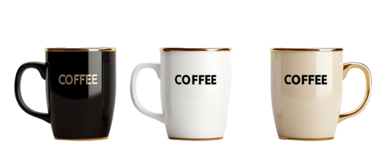 Trio of Coffee Cups: Three stylish ceramic coffee mugs, each with a unique color scheme and the word "COFFEE" prominently displayed, stand in perfect alignment.