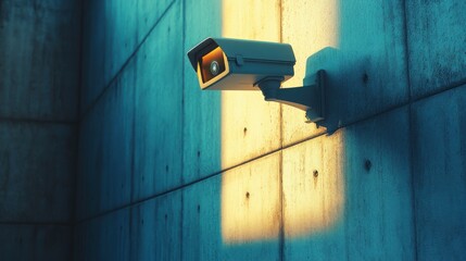 A security camera mounted on a concrete wall, illuminated by soft light, casting a long shadow.