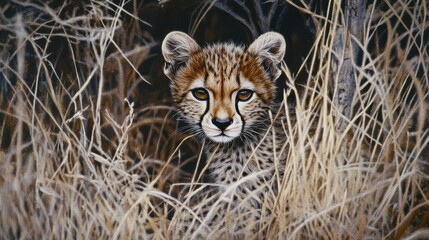 Obraz premium Young Cheetah Cub Observing Its Surroundings in Tall Grass