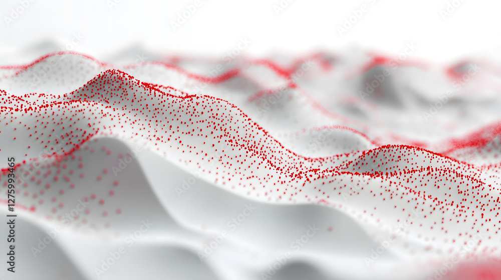 Poster abstract 3d render of red particles on a white wavy surface a digital landscape of data points