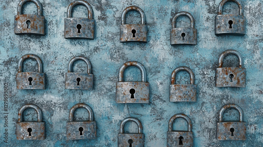 Poster Multiple Rusty Padlocks on Weathered Blue Background Security Concept Image