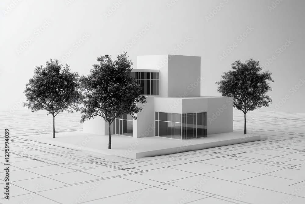 Poster modern architectural house model design with trees on blueprint