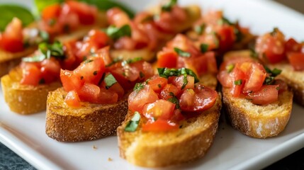 A delightful bruschetta platter featuring toasted bread topped with diced tomatoes, garlic, and basil, highlighting the simplicity and freshness of Italian appetizers