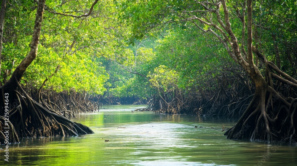 Poster A dense mangrove forest with intertwined roots and branches, creating a natural habitat for various wildlife, showcasing the rich biodiversity of the area