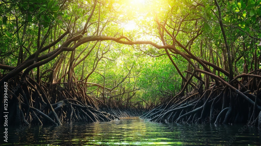 Poster A dense mangrove forest with intertwined roots and branches, creating a natural habitat for various wildlife, showcasing the rich biodiversity of the area