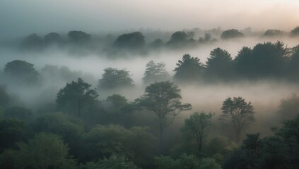 Fototapeta premium Mystical Forest Landscape Immersed in Enigmatic Fog and Natural Serenity