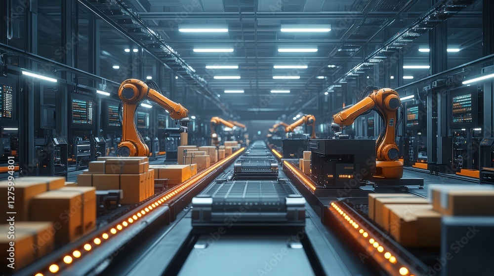 Poster a modern warehouse with robotic arms sorting packages on a conveyor belt, highlighting automation an