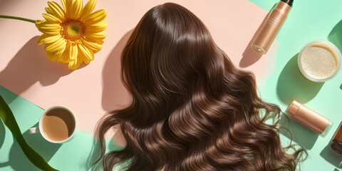 Fototapeta premium Long, wavy hair is elegantly arranged on a pastel surface surrounded by a sunflower, a cup of coffee, and beauty products on display