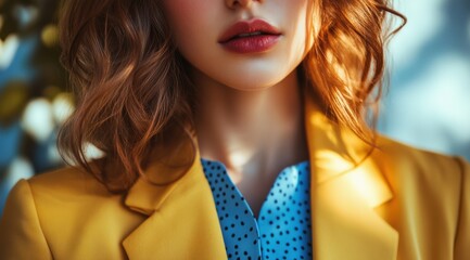 Fashion portrait of a woman in yellow blazer urban setting lifestyle photography natural light close-up style concept