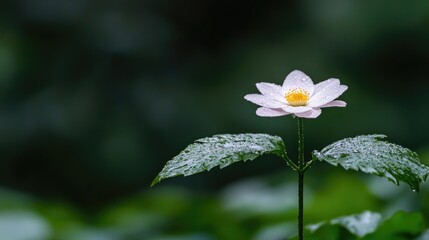 Delicate white flower in forest background. Peaceful nature scene. Possible use Stock photo