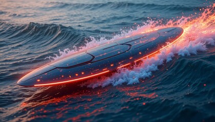 Fototapeta premium Glowing neon surfboard cutting through ocean waves