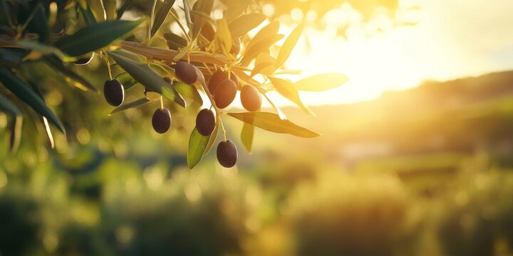 Black olive tree branch with ripe olives at sunset in turkey