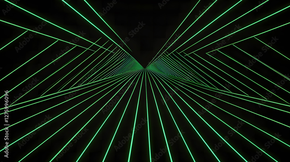 Poster abstract green neon lines converging to a vanishing point in a dark tunnel creating a psychedelic an
