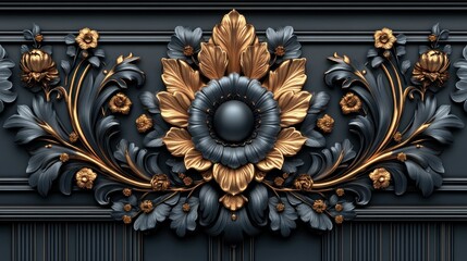 Gold floral molding, dark wall, 3D render, design
