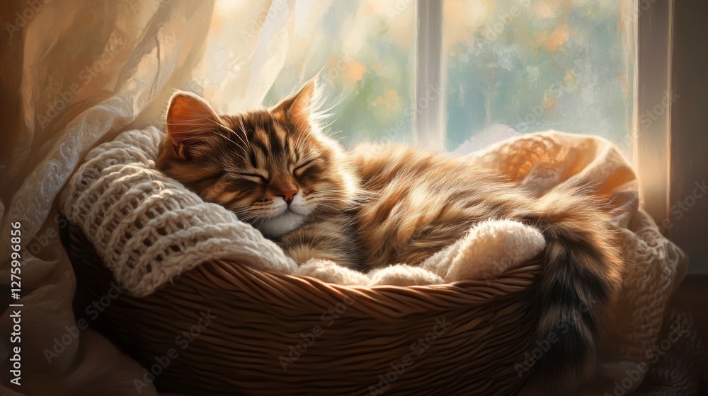 Poster a fluffy, chubby cat curled up in a cozy basket, surrounded by soft blankets, basking in warm sunlig